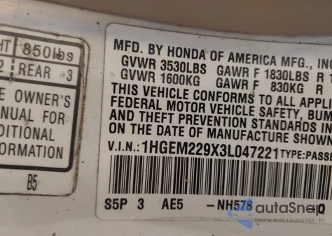 2003 Honda Civic Ex from USA, damaged, VIN 1HGEM229X3L047221